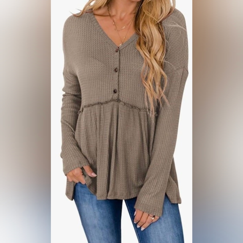 PinkMStyle long sleeve v neck button ruffle babydoll tunic waffle peplum ribbed